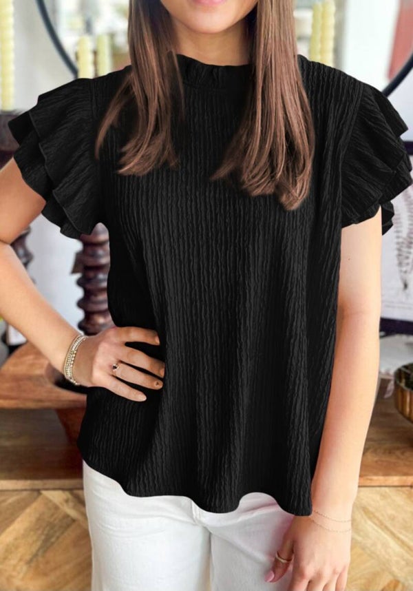 Black solid textured ruffle trim short sleeve top