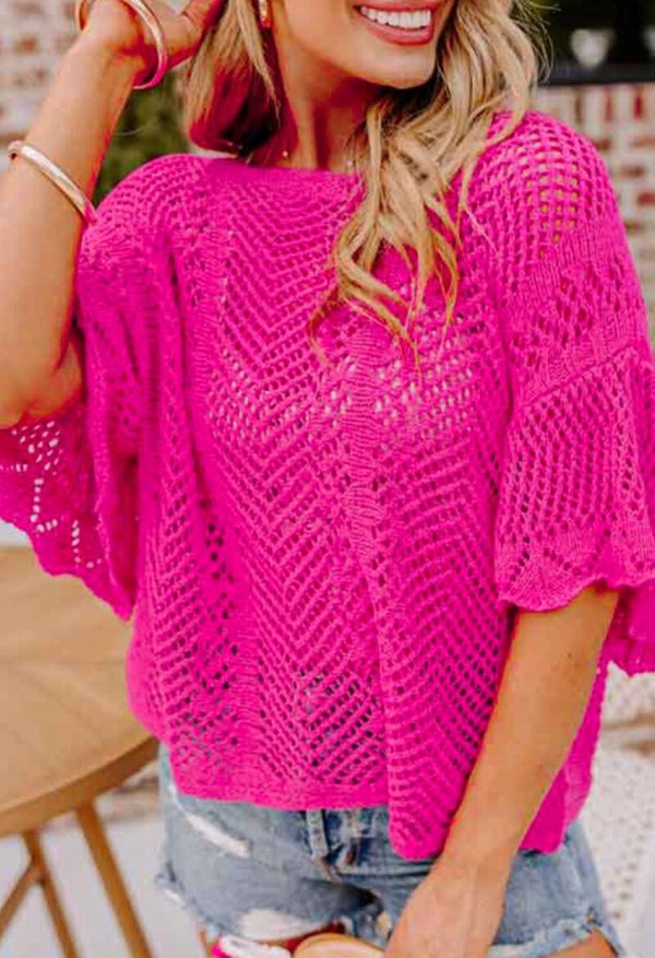Rose pointelle knit scalloped edge top