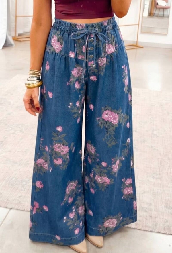 Floral print wide leg denim pants