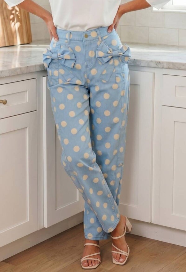 Blue polka dot print bow jeans