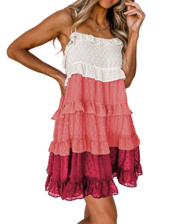 Abigal red/pink ombre swiss dot  ruffled tiered dress