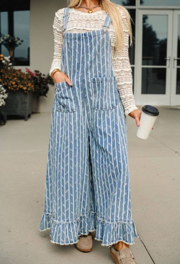Striped distressed ruffled wide leg denim overalls
