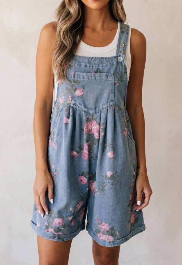 Floral print denim romper overalls