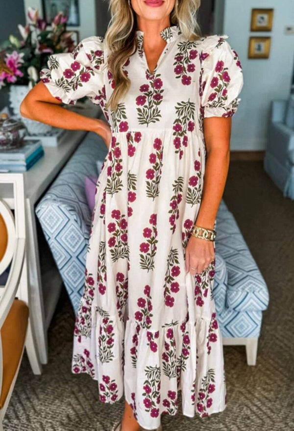 Ella floral print bubble sleeve tiered maxi dress