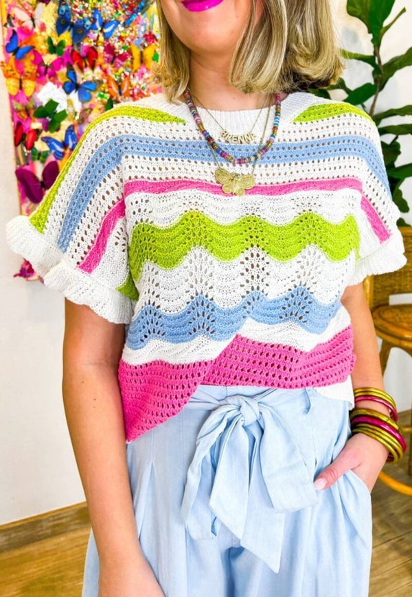 Miranda colorblock crochet knit ruffled sleeve sweater top