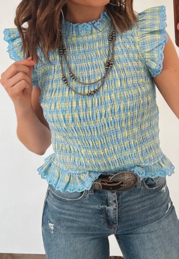Multi color gingham smocked lace trim top