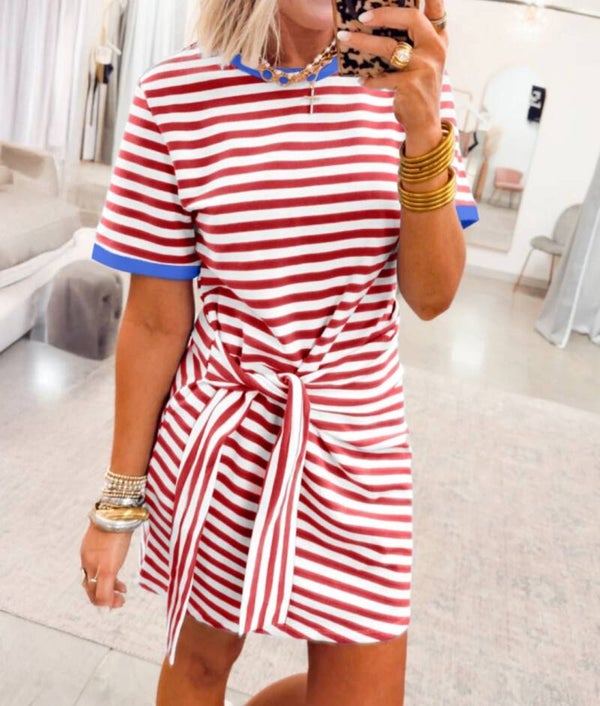 Red Nautical front tie t-shirt dress