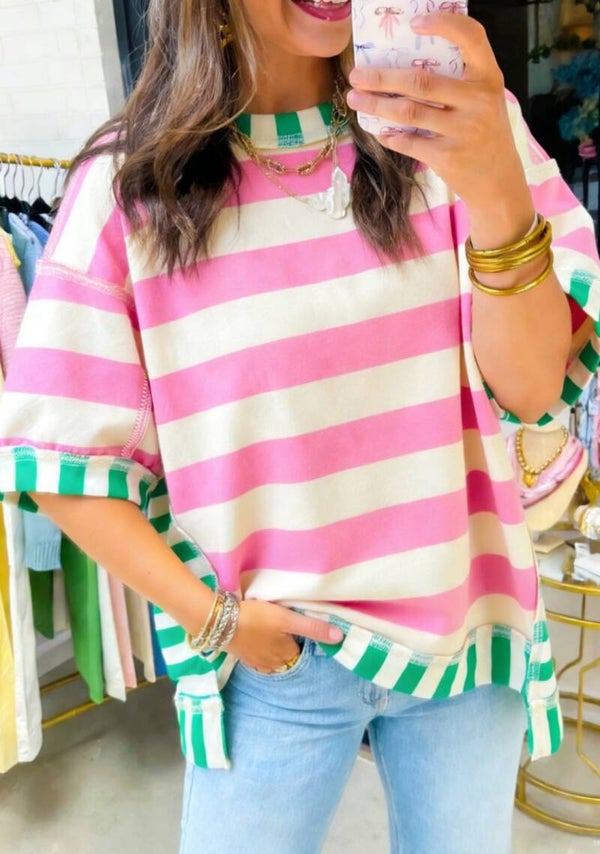 Pink stripe exposed seam oversized top