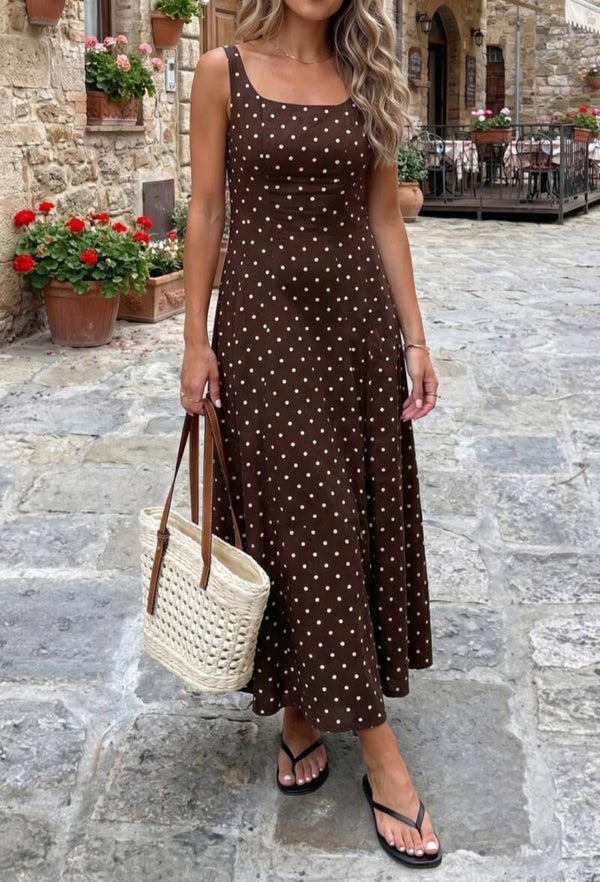 Brown polka dot print long dress