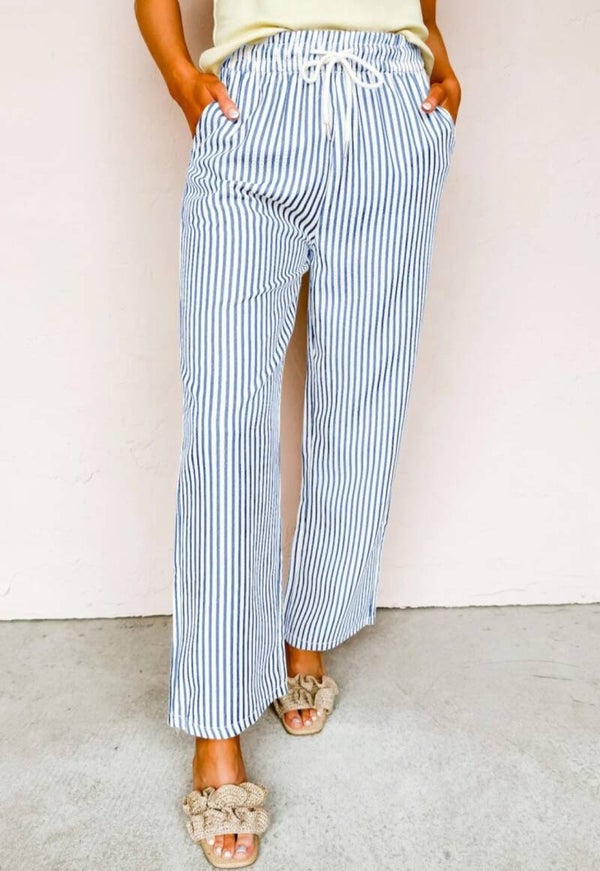 Blue stripe drawstring elastic waist ankle length pants