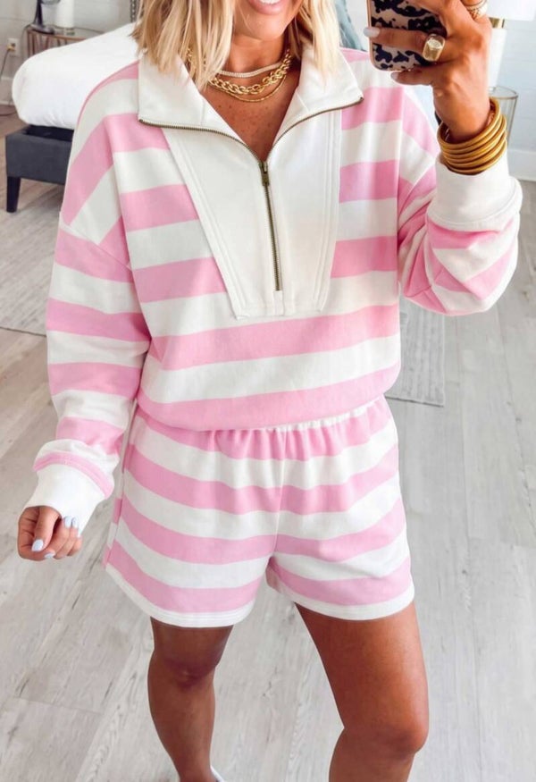 Pink stripe longsleeve pullover 2pc short set
