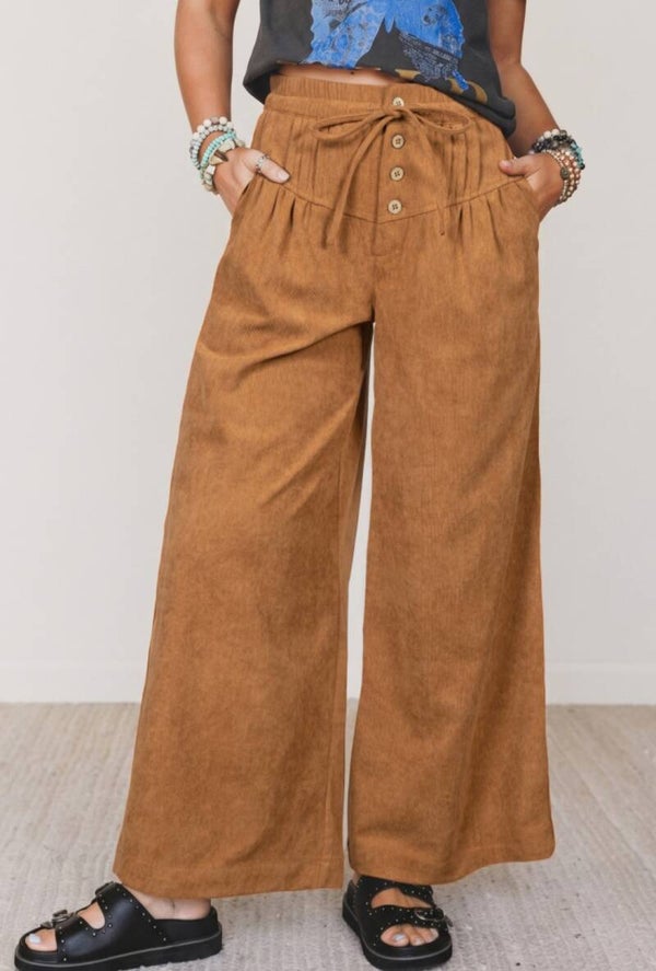 Rustic brown elastic waist/button ankle length pants