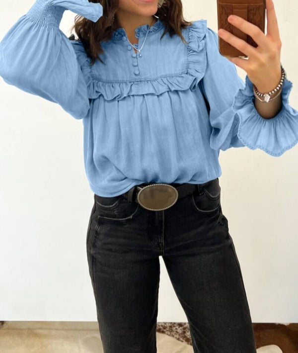 Beau blue ruffle detailed vneck longsleeve chambray blouse