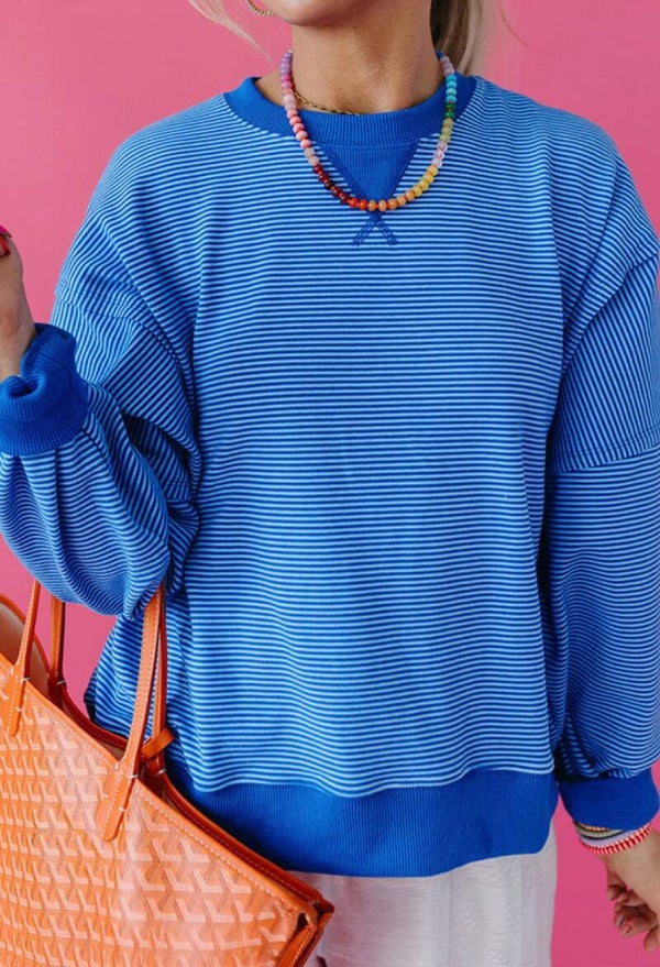 Blue stripe ribbed cuffs longsleeve pullover