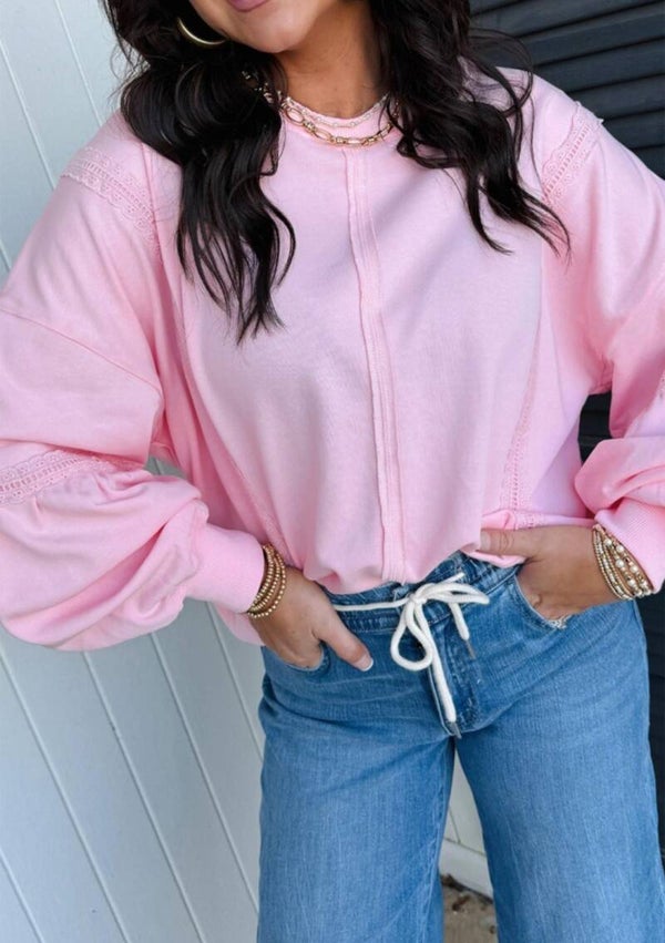 Pink raw seam lace detail loose pullover top