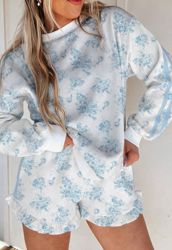 Blue floral print longsleeve pullover top ruffle hem short set