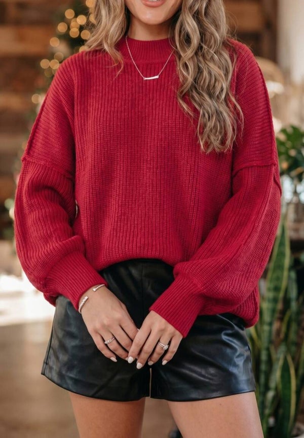 Red dahlia longsleeve ribbed knit regular fit sweater