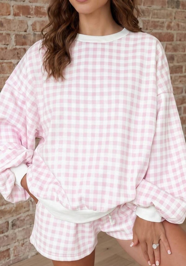 Pink plaid baggy pullover drawstring casual short set
