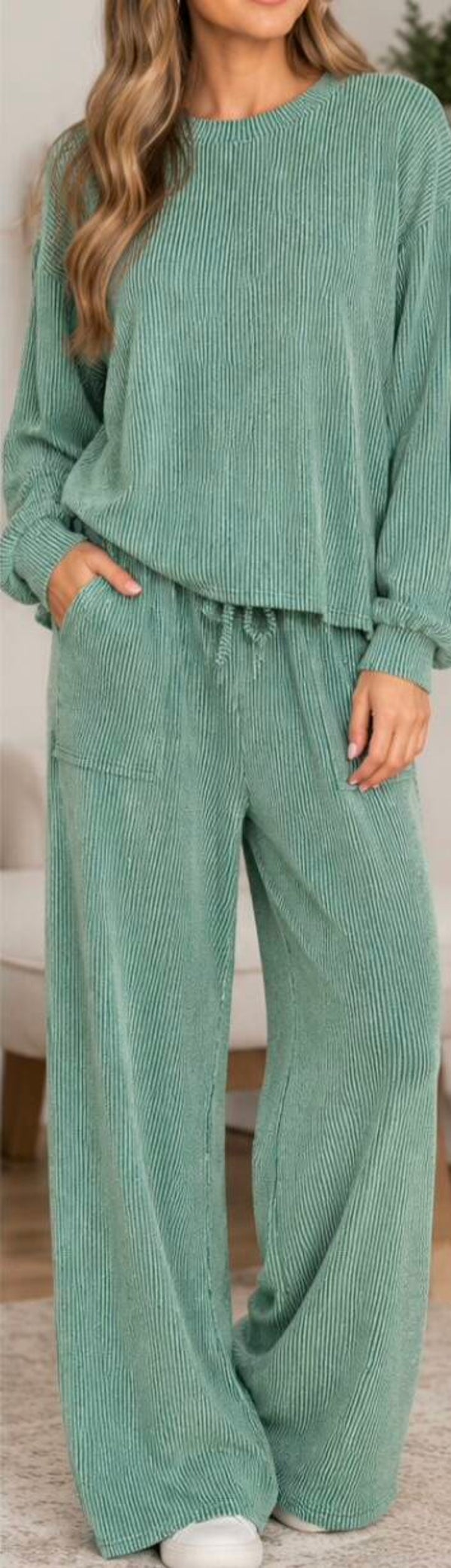 Zenana Ribbed Jade 2pc pant set