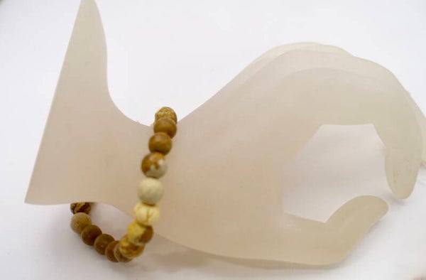 ARbr013426: Natureltinten armband in jaspis en bone: ecru en houtkleur.
