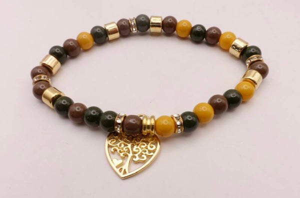 ARmix044226: Elastisch armbandje in warme tinten: oker, groen, bruin, etc.