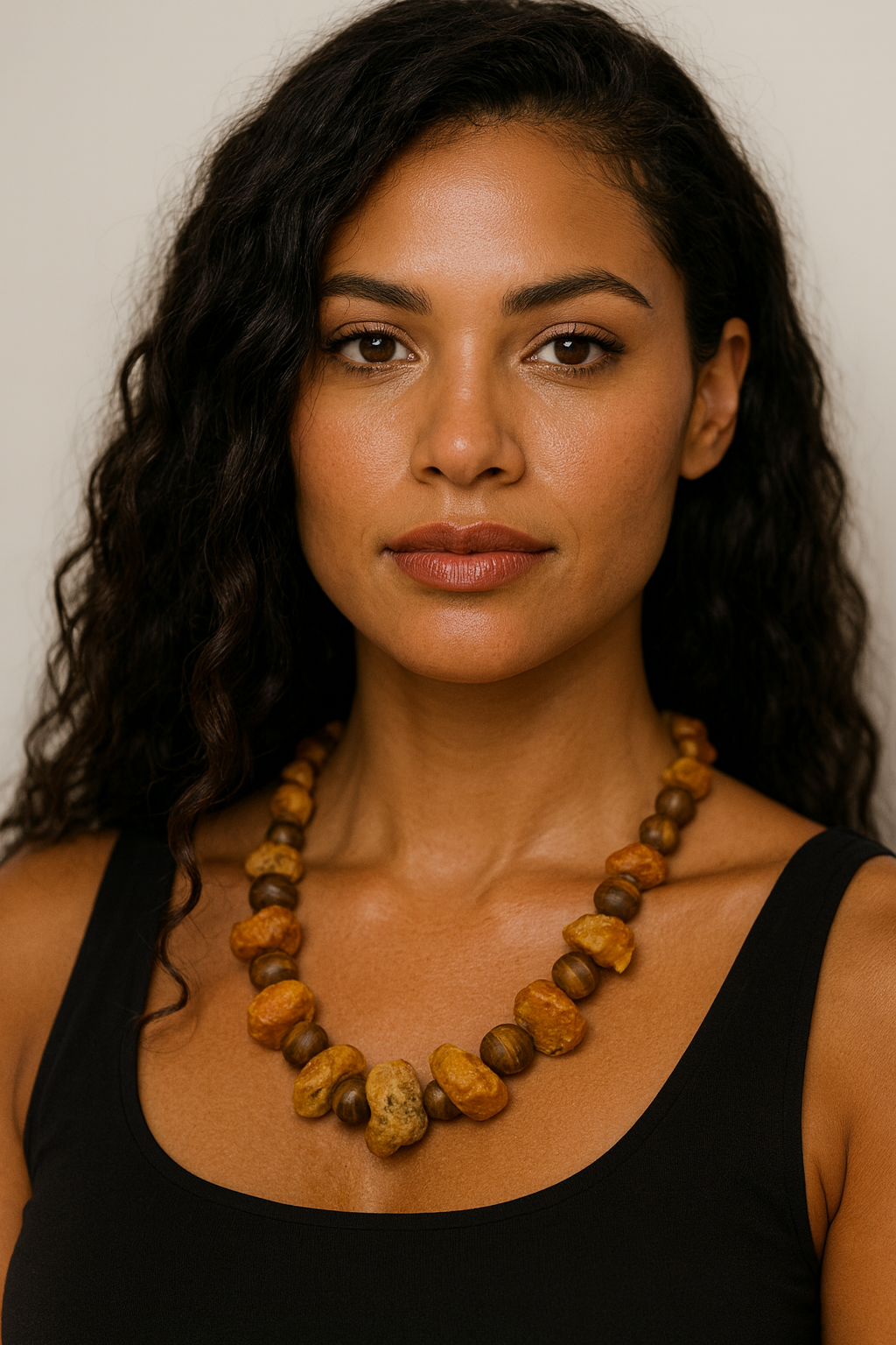 KKbr014624: Amberkleurige ketting van barnsteen en versteend hout.