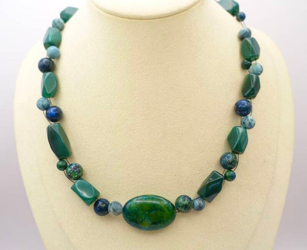 KKgr013426; Groenblauwe ketting van malachiet-azuriet-chrysocolla.