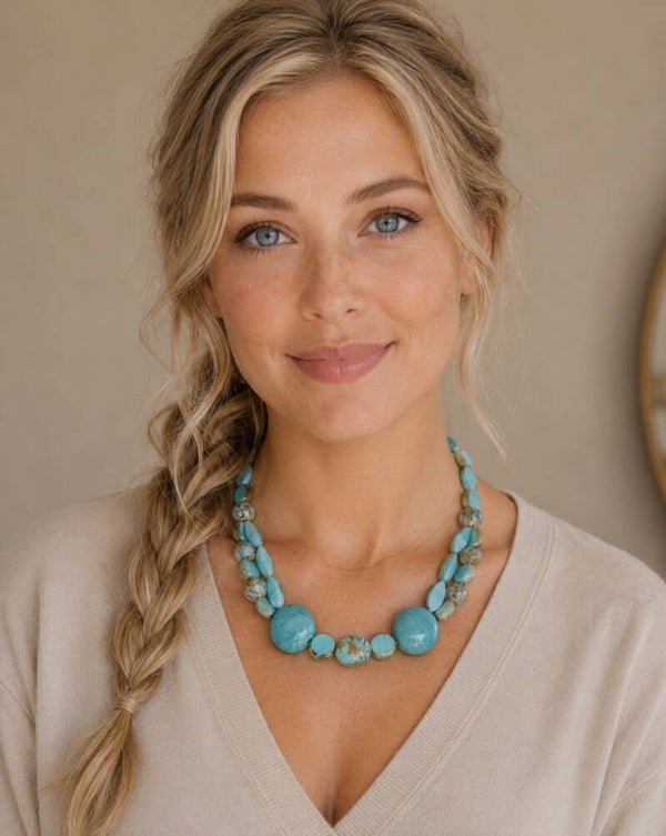 KKtu013125: Ketting in turquoise met taupe van glas en keramiek.