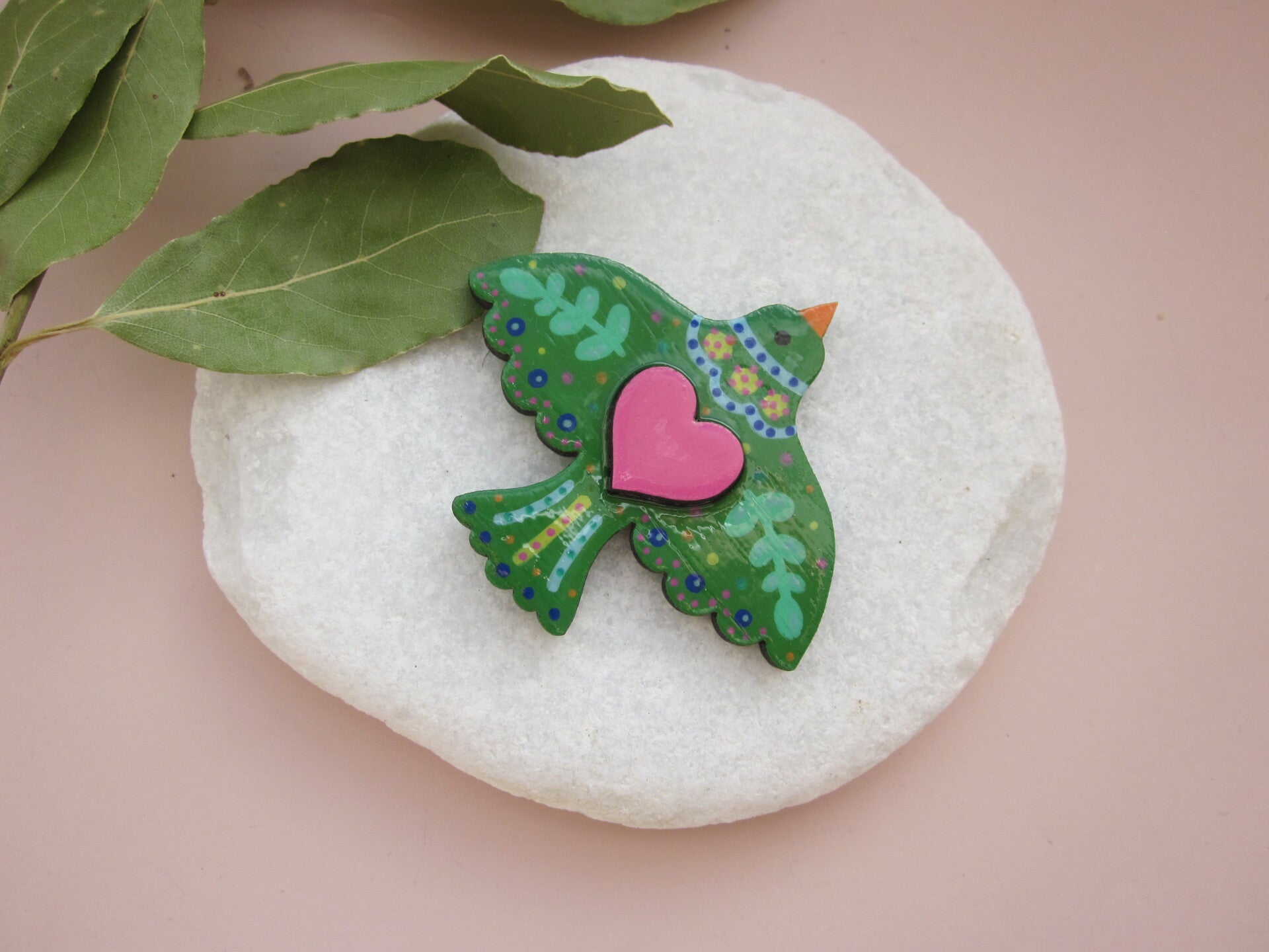 Aimants en bois - Oiseaux peint à la main - Vert