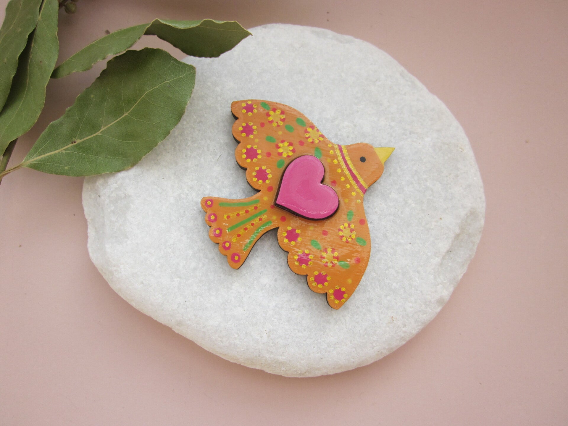 Aimants en bois - Oiseaux peint à la main - Orange