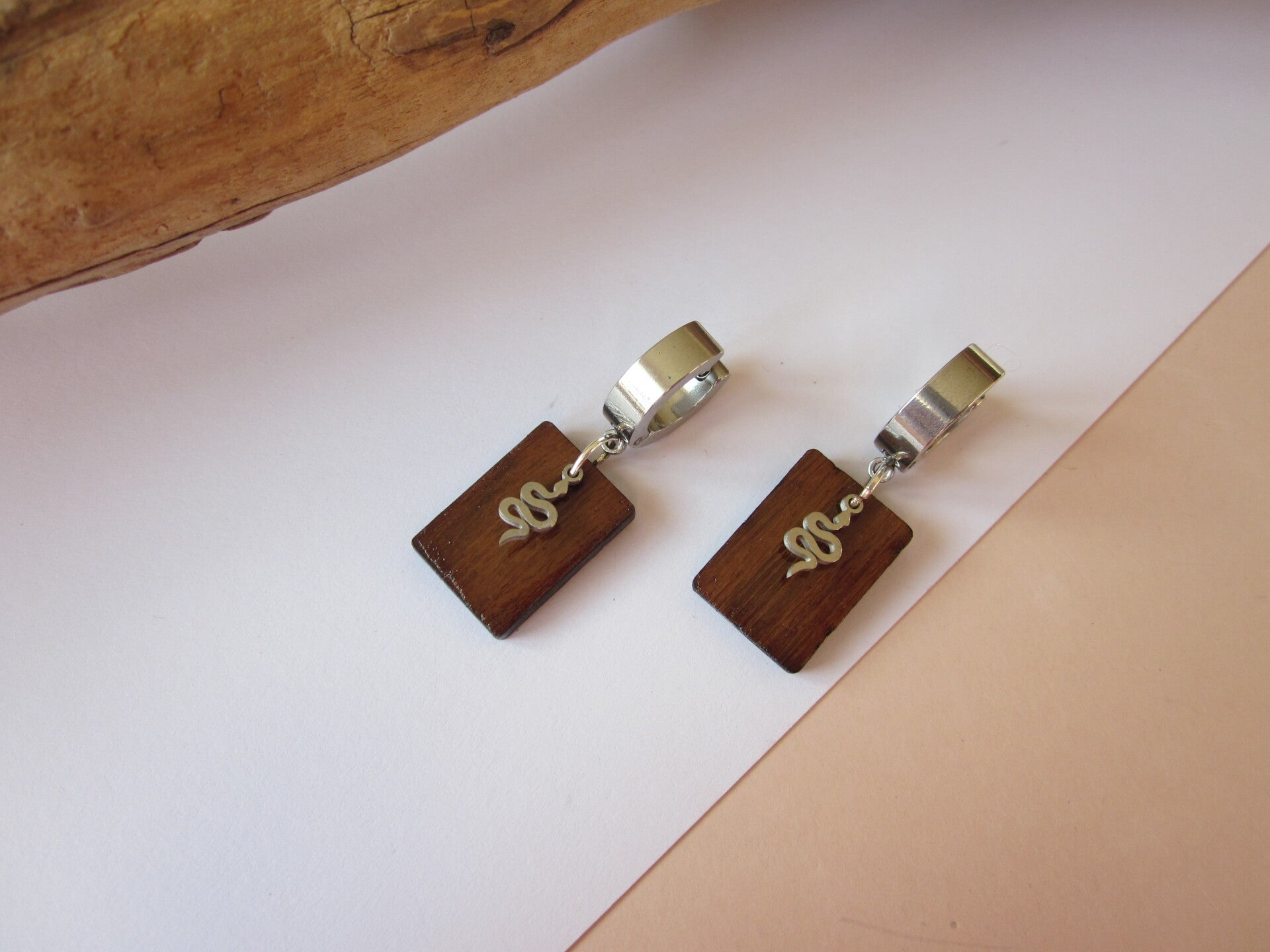 Boucles d'oreilles homme en bois - Serpent - Acier inoxydable