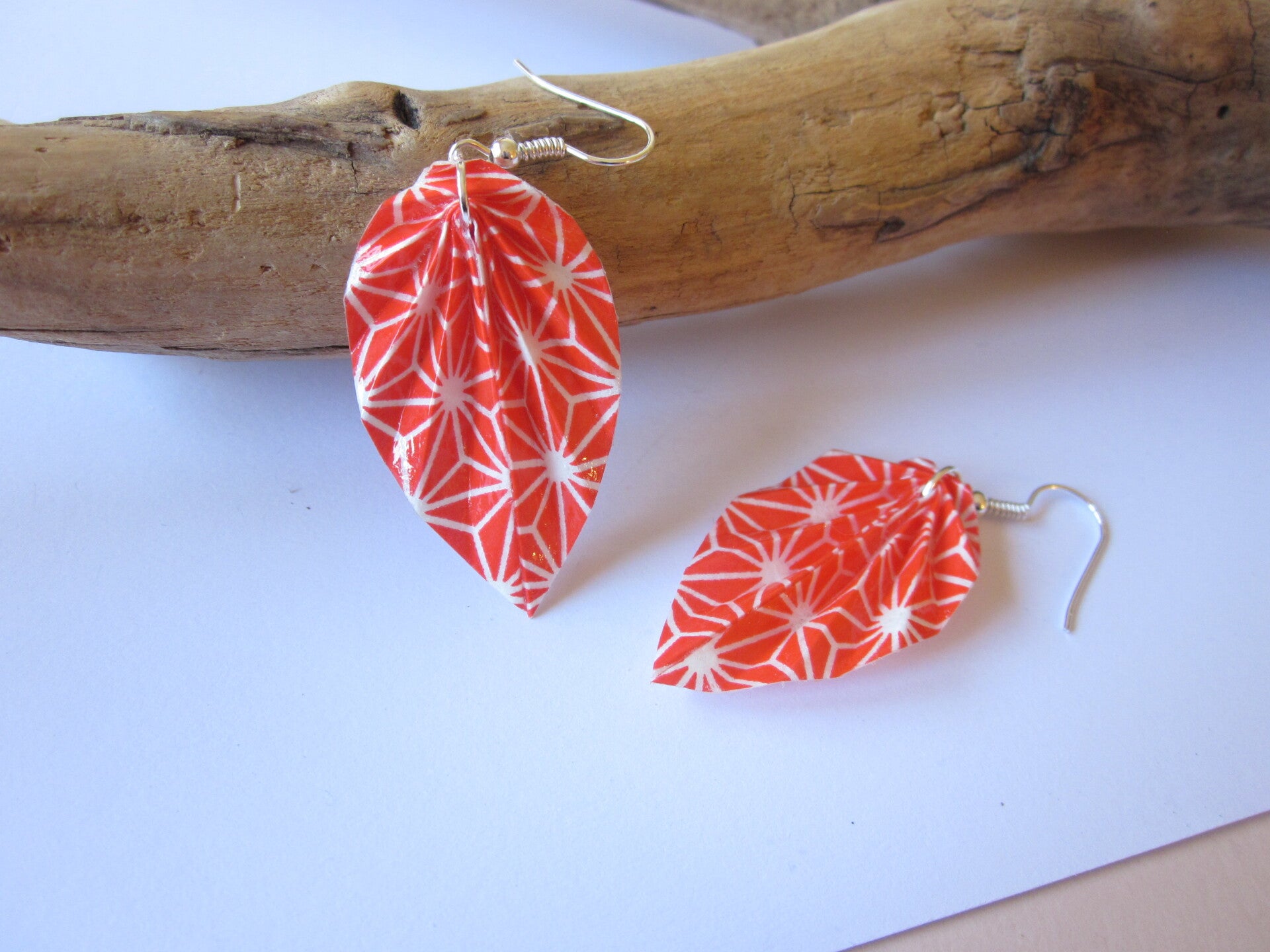 Boucles d'oreilles en origami - Papier japonais orange à motifs - Feuille
