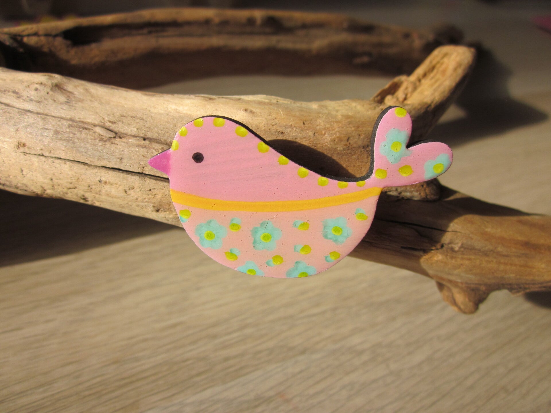 Pins en bois - Oiseau peint à la main - Rose