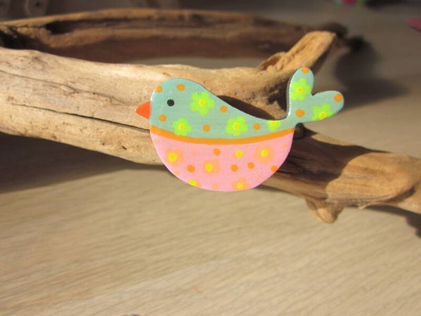 Pins en bois - Oiseau peint à la main - Vert/ orange