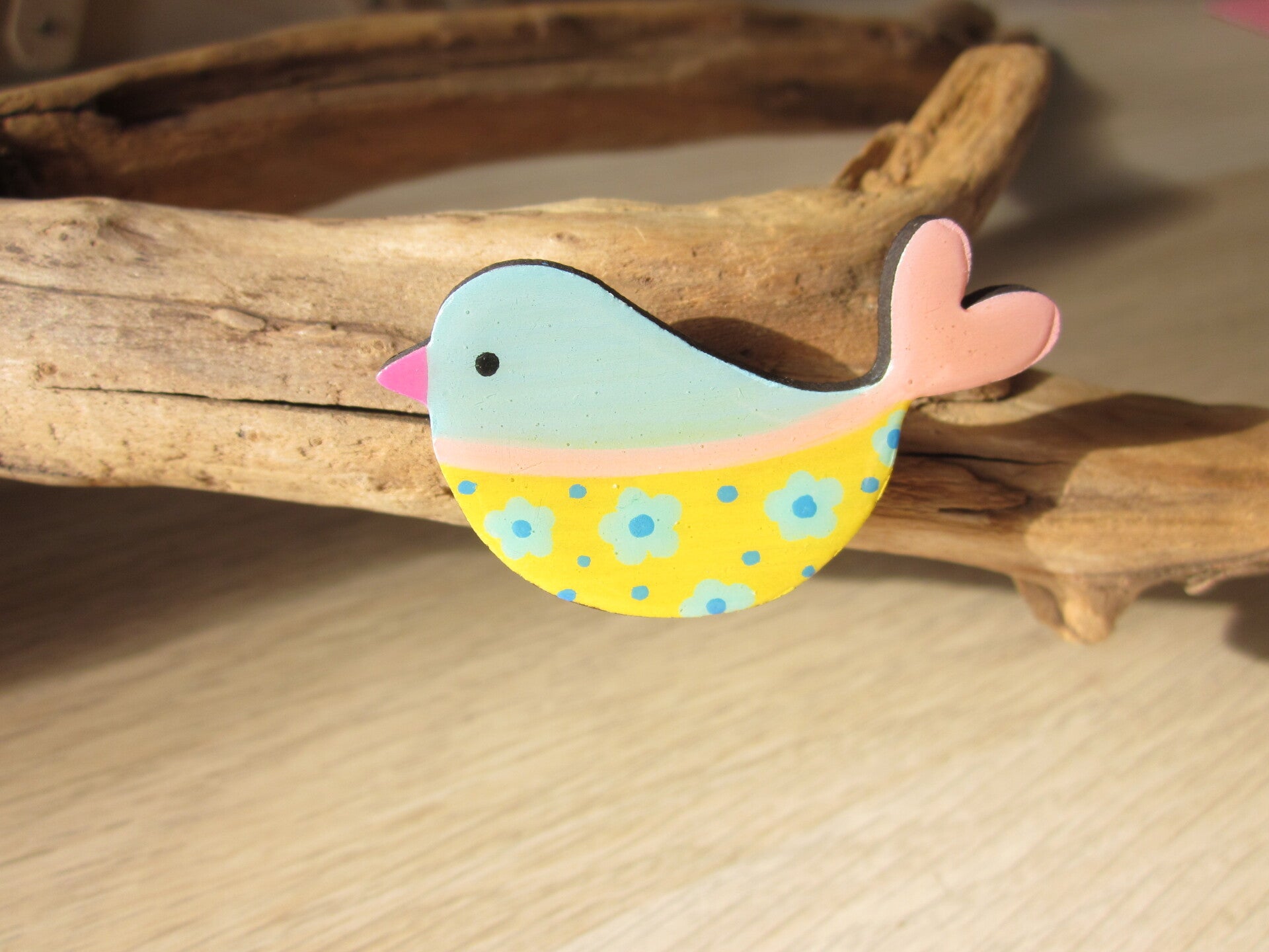 Pins en bois - Oiseau peint à la main - Bleu et jaune