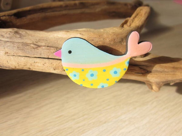Pins en bois - Oiseau peint à la main - Bleu et jaune