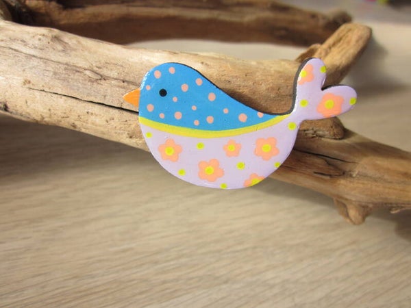 Pins en bois - Oiseau peint à la main - Bleu/ violet