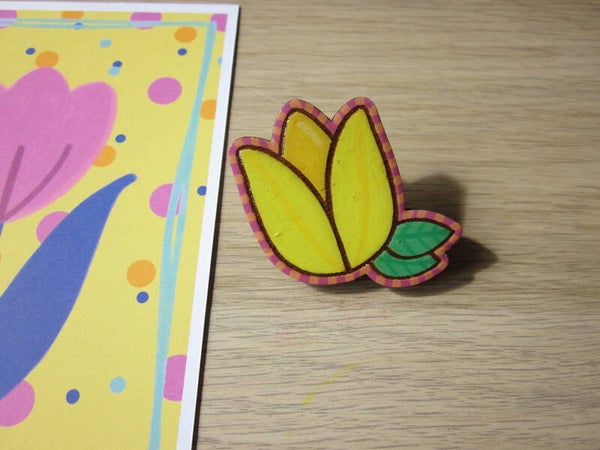 Pins en bois - Tulipe peint à la main - Jaune