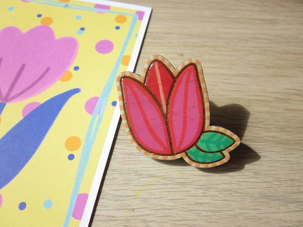 Pins en bois - Tulipe peint à la main - Rose et rouge