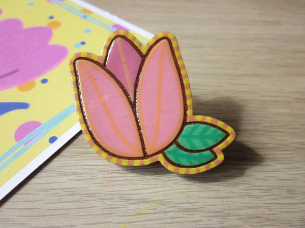 Pins en bois - Tulipe peint à la main - Rose et orange