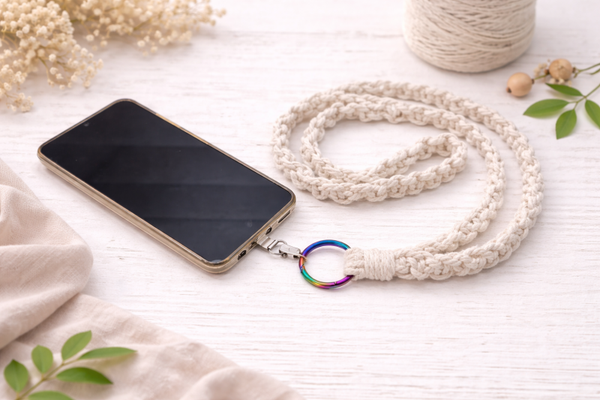 Makramee Handykette mit buntem Ring