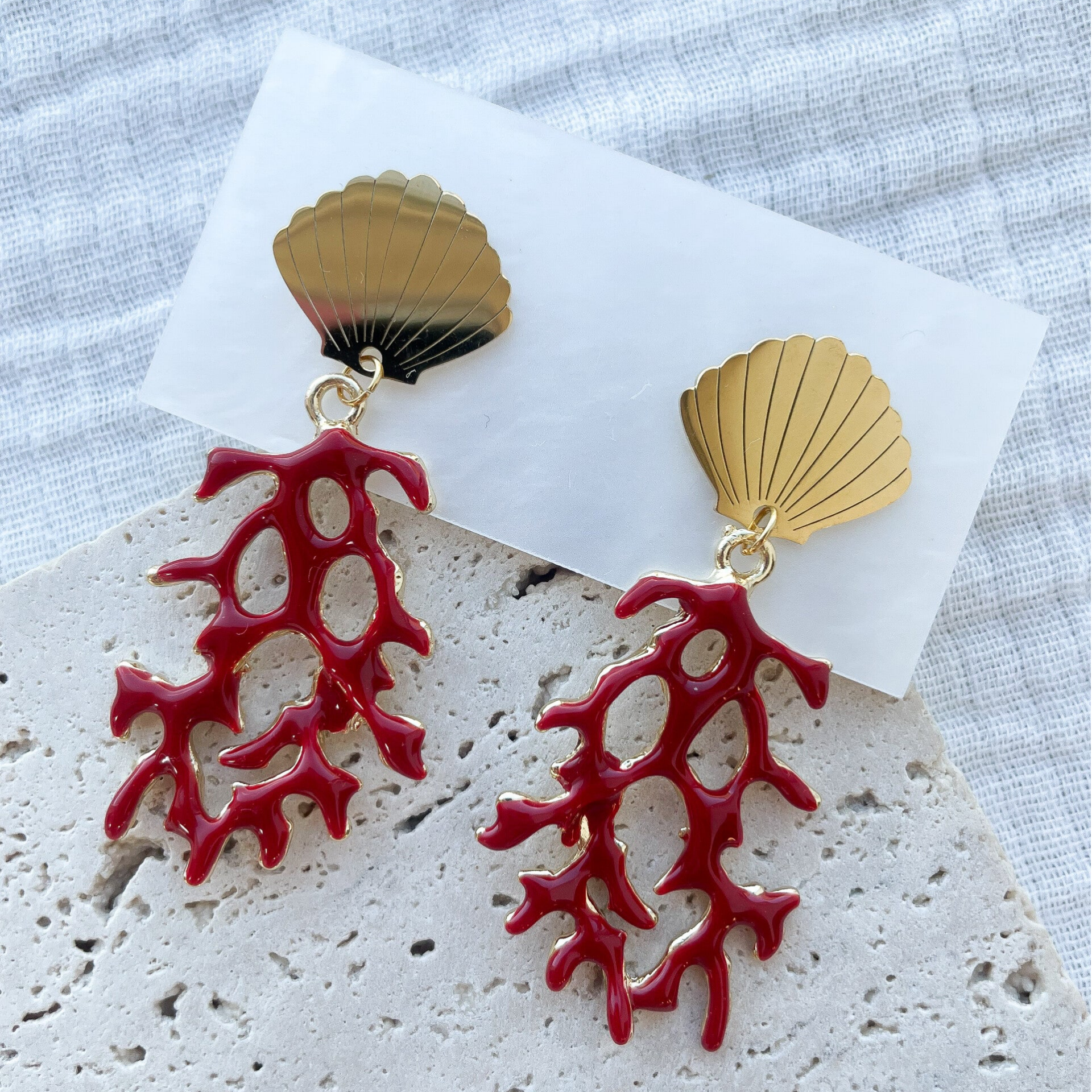 Boucles d'Oreilles Coquillage & Corail Rouge en Acier Inoxydable