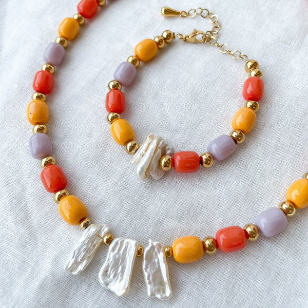 Parure sorbet perles verres et naturelles
