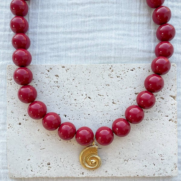 Collier Oversize bordeaux & Coquillage acier inoxydable