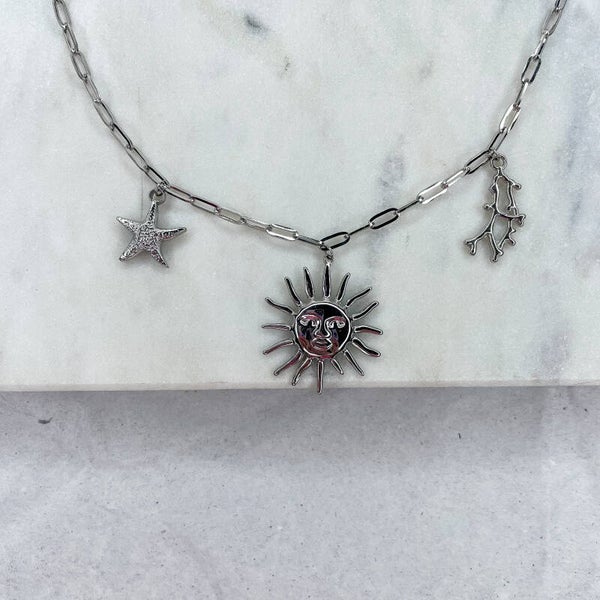 Collier charms soleil/mer argenté