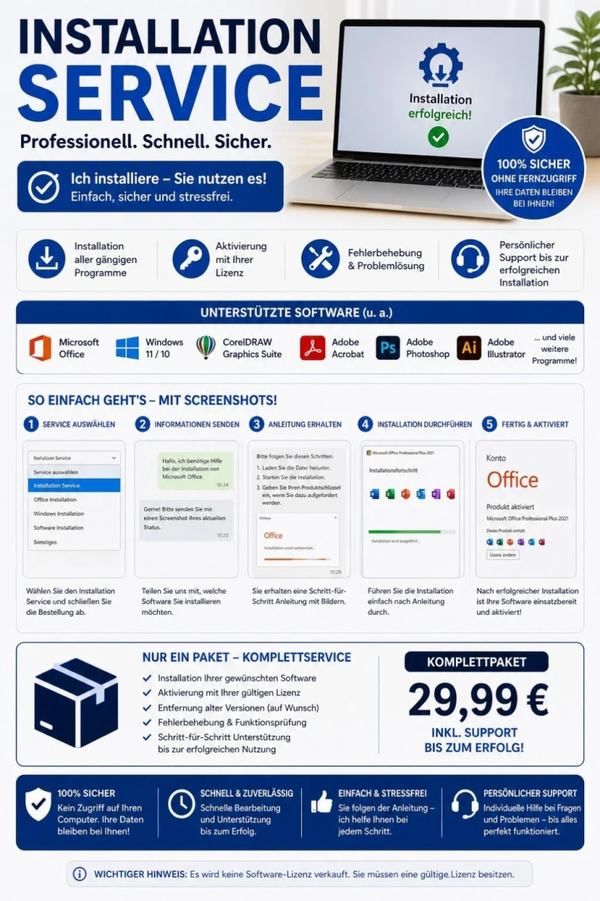 INSTALLATION SERVICE – KOMPLETTPAKET (MIT SCREENSHOT-ANLEITUNG) Software