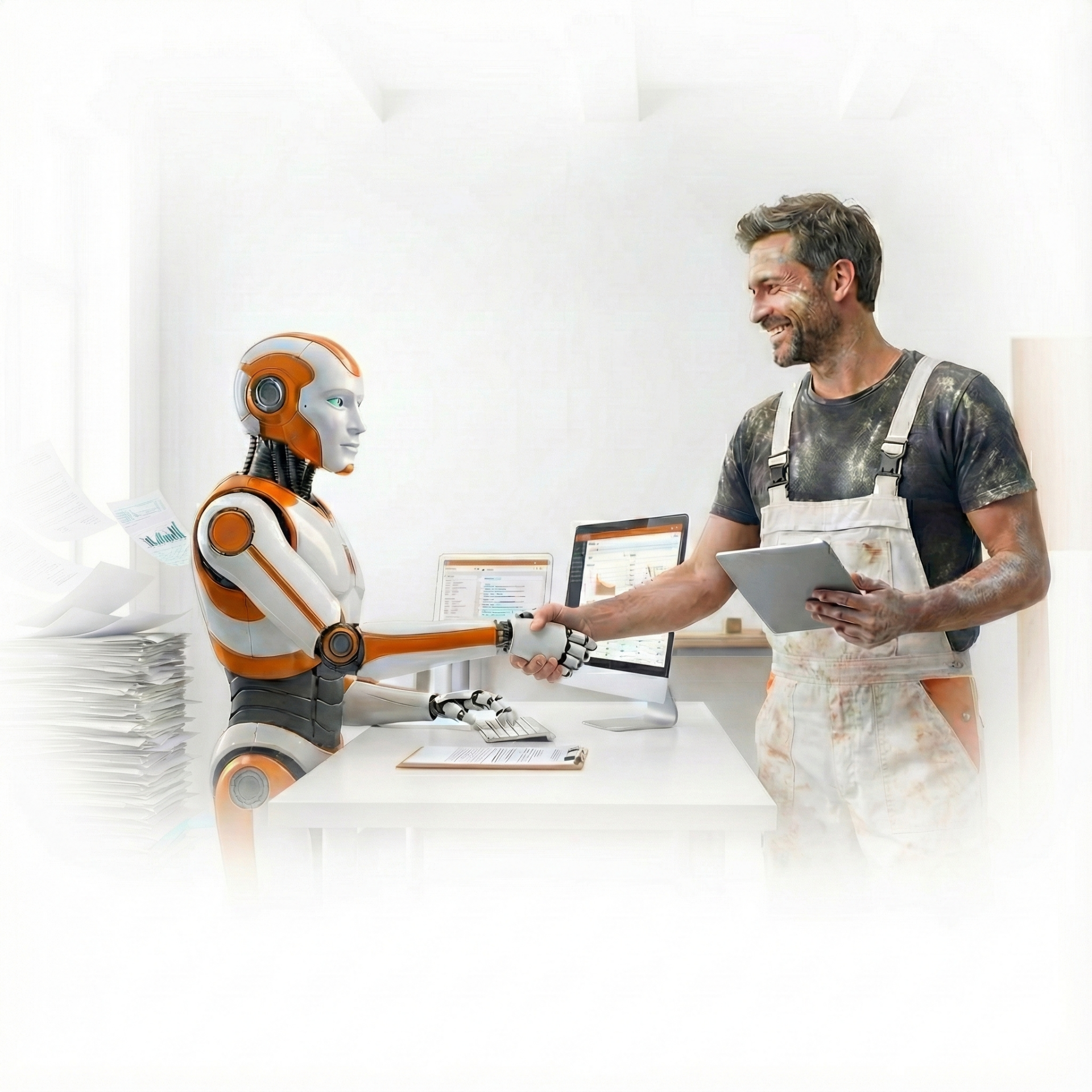 Illustration zur Digitalisierung im Handwerk: Ein Roboter und ein Handwerker beim Handschlag als Symbol für die Entlastung von Büroarbeit durch KI oder Software. Slogan: Mehr Handwerk. Weniger Büro.