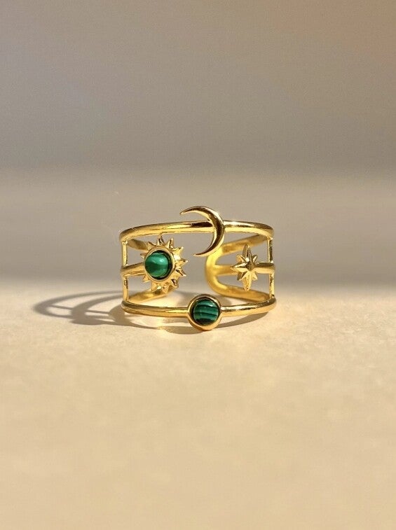 Bague réglable Lune, Étoile & Soleil avec pierre ( divers colories )