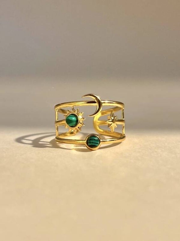 Bague réglable Lune, Étoile & Soleil avec pierre ( divers colories )