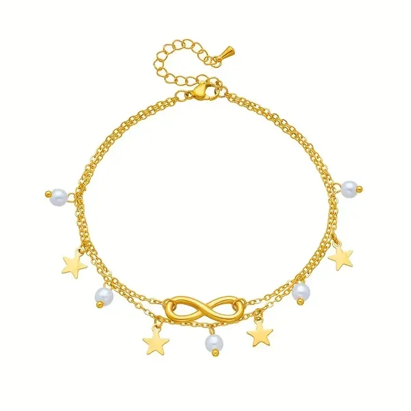 Double Bracelet Cheville avec logo infini, étoiles et perles